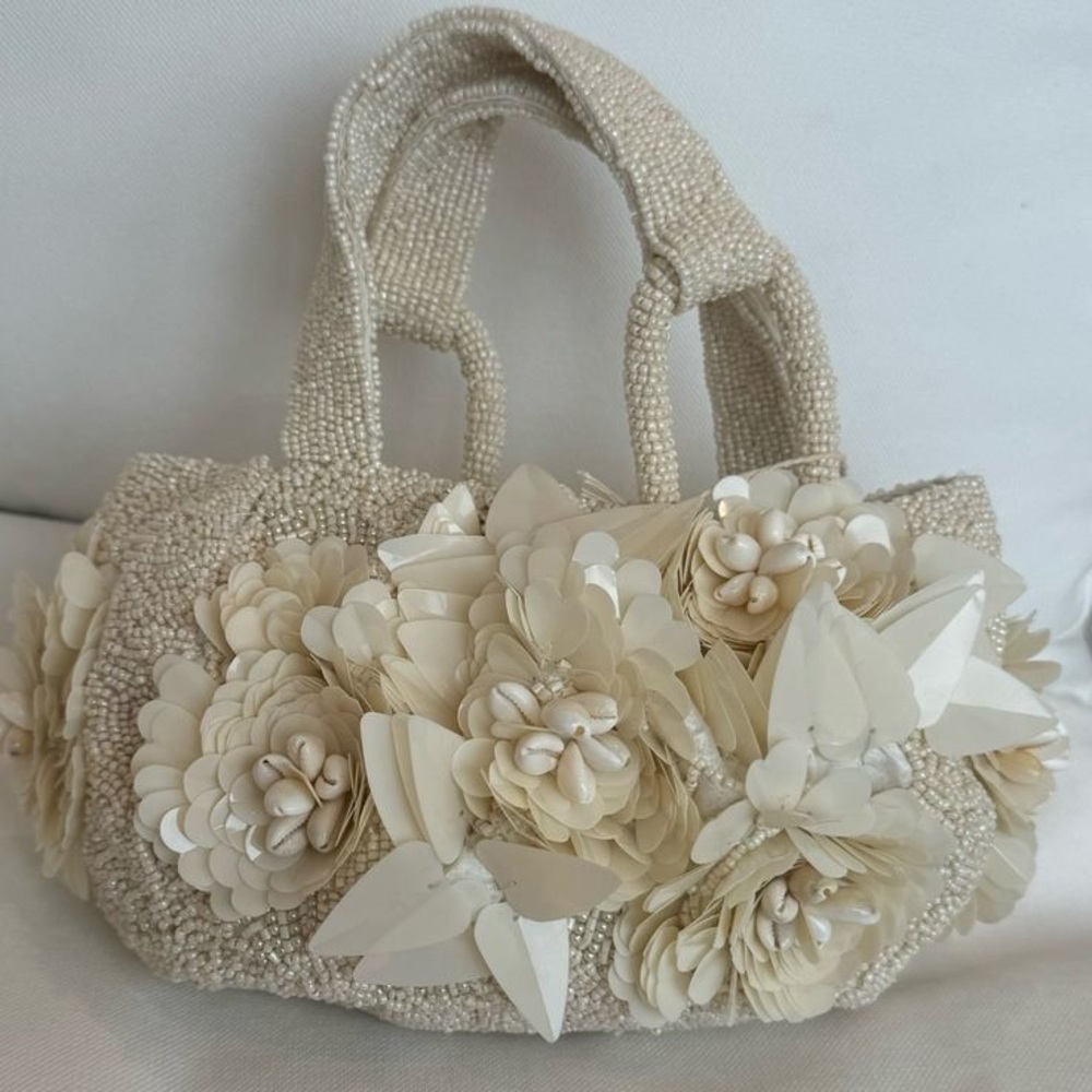 Beaded Handbag Cream and White Floral Tote with Textured Handle